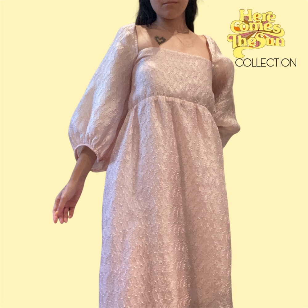Coquette Anthropologie Textured Puff Sleeve Dress in Pink